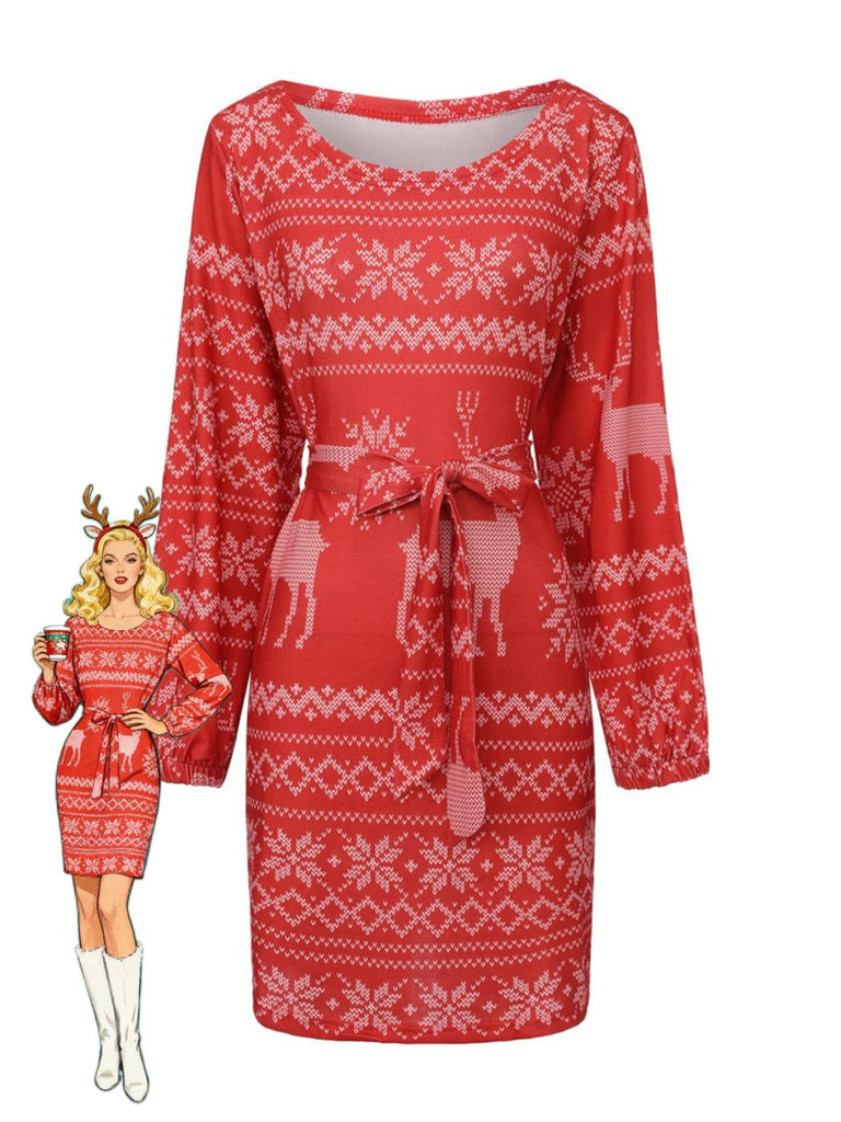 Red 1960s Christmas Reindeer Snowflake Belted Dress