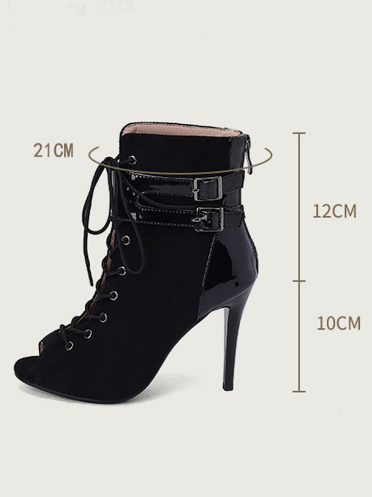 Metallic Open Toe Stiletto Drawstring Mid-Calf Boots