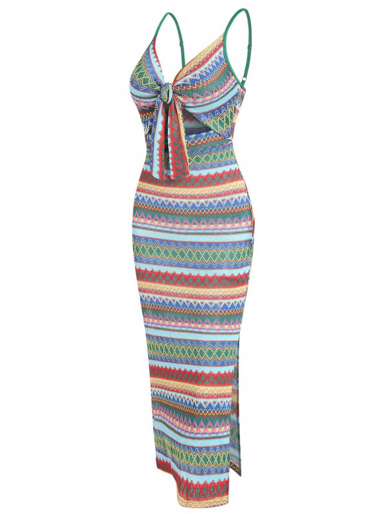 1970s Strap Colorful Stripes Lace-Up Boho Dress
