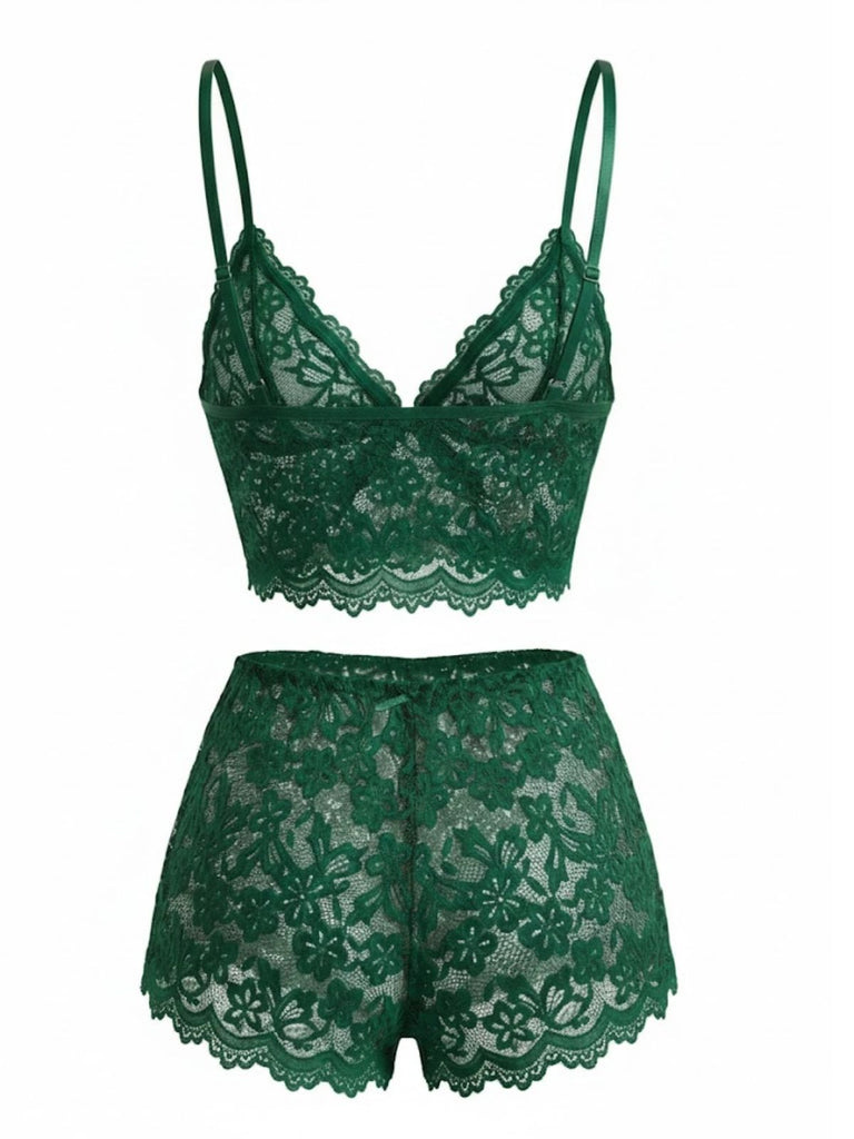 Red 1960s Spaghetti Strap Lace Floral Bow Pajama Set