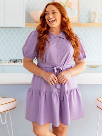 [Plus Size] Lavender 1950s Puff Sleeve Shirt Dress