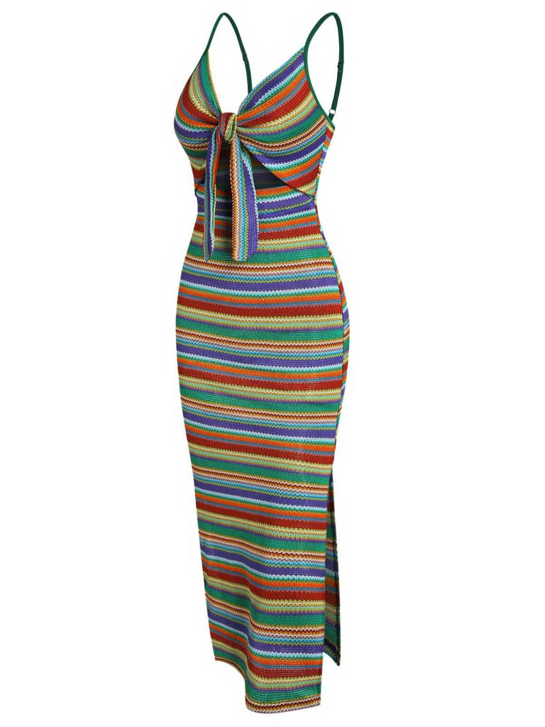 1970s Strap Colorful Stripes Lace-Up Boho Dress