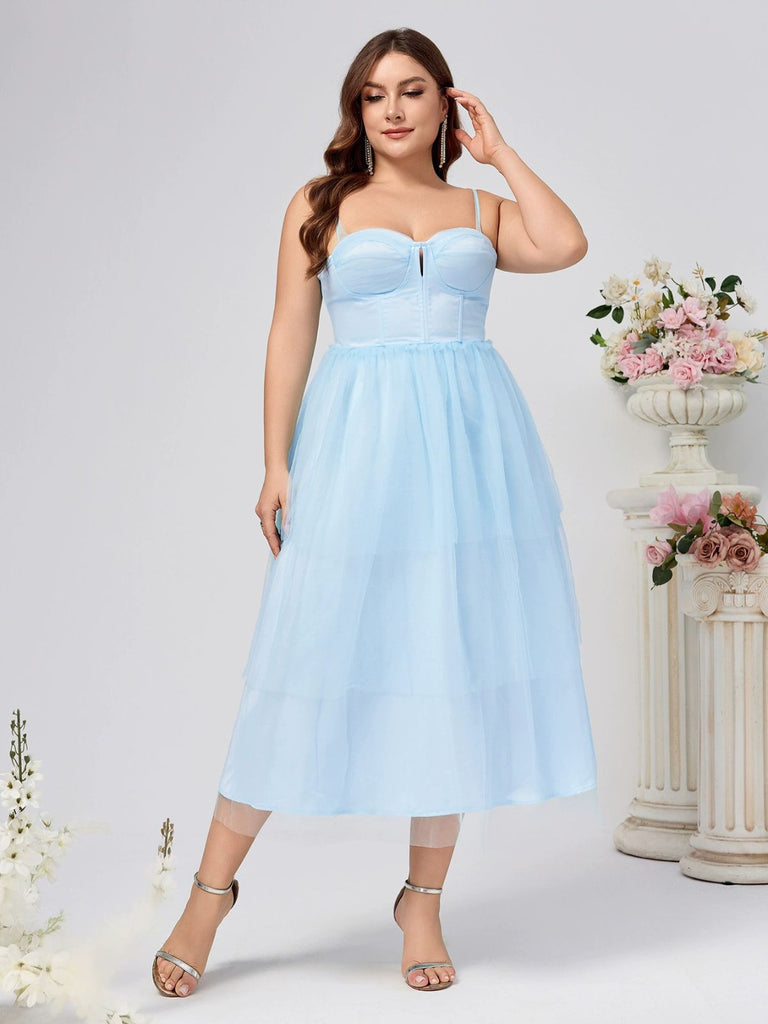 [Plus Size] Blue 1940s Layered Spaghetti Strap Wedding Guest Dress