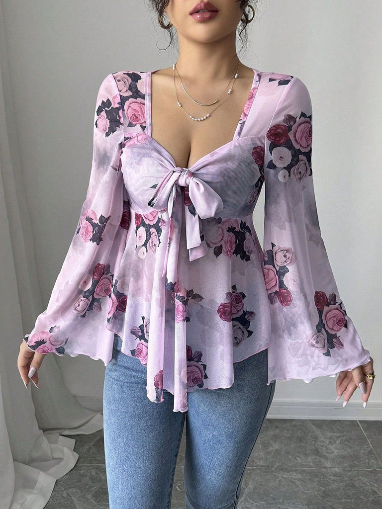 1930s Floral V-Neck Flare Chiffon Blouse