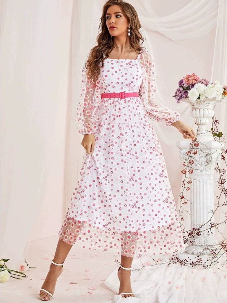 1940s Floral Illusion Square Neck Belt Dress
