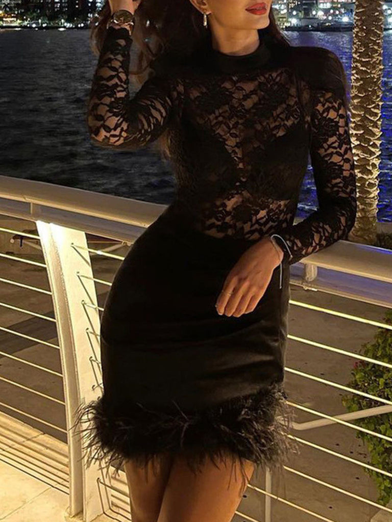 Black 1960s Lace Feather Hem Velvet Bodycon Dress