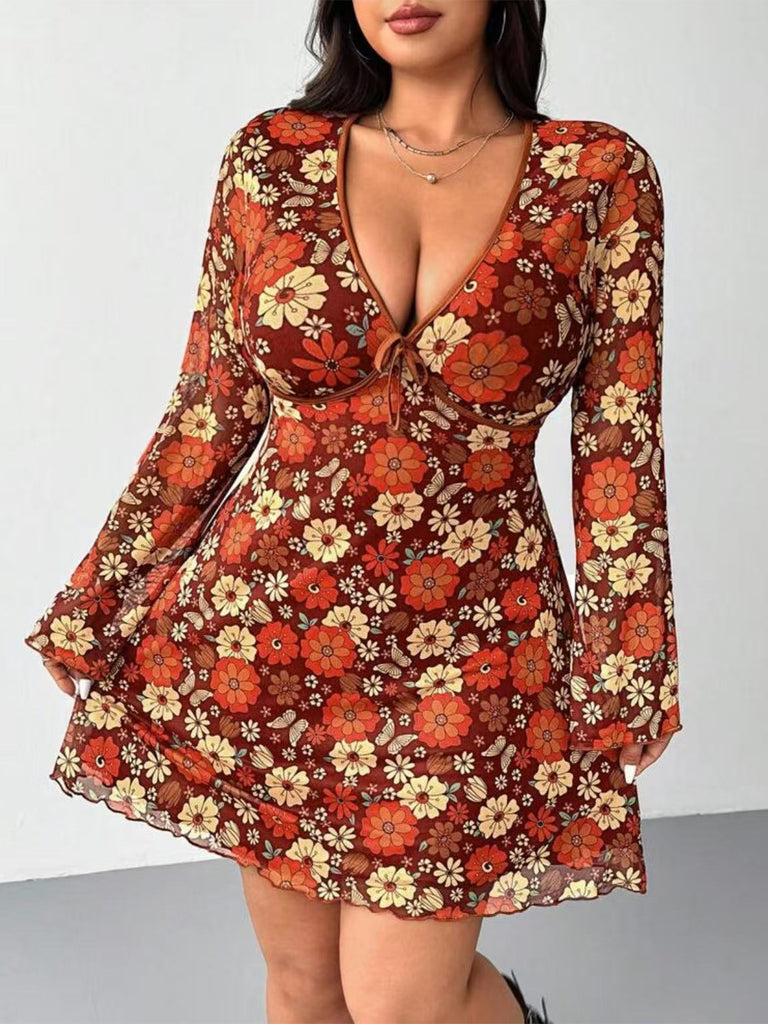 [Plus Size] Orange 1960s V-Neck Floral Dress