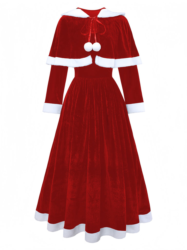Red 1930s Christmas Mrs. Santa Claus Velvet Dress with Cape