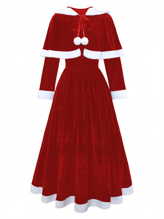 Red 1930s Christmas Mrs. Santa Claus Velvet Dress with Cape