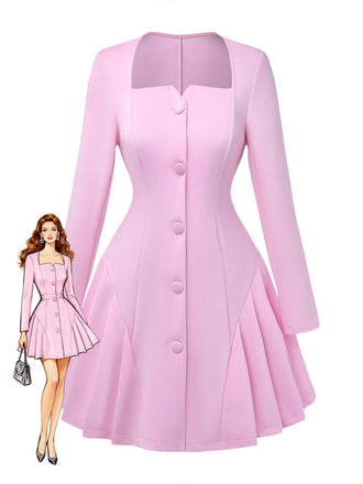 1950s Sweetheart Neck Long Sleeve Solid Pleated Dress