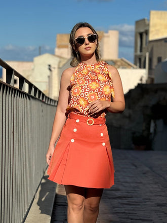 2PCS 1960s Tie Neck Floral Top & Button Solid Skirt