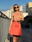 2PCS 1960s Tie Neck Floral Top & Button Solid Skirt
