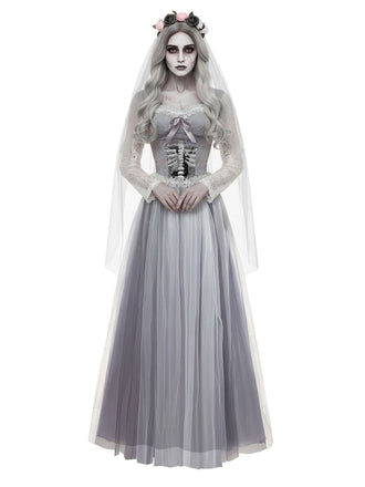 Grey 1930s Halloween Ghost Bride Mesh Dress