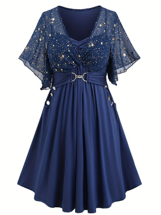 [Plus Size] Navy Blue 1970s Star Print Ruffle Flounce Sleeve Dress