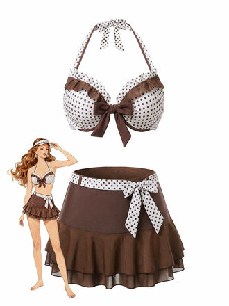 3PCS Brown 1970s Polka Dot Ruffle Halter Swimsuit Set