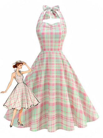 Pale Pink 1950s Plaid Halter Backless Dress