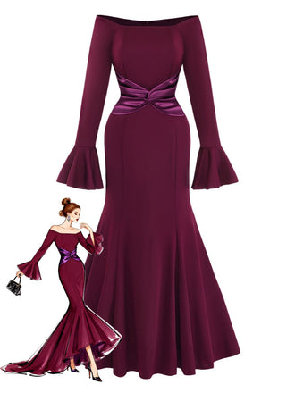 1930s Solid Off-Shoulder Pleated Bell Sleeve Dress