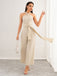 Beige 1950s Solid Lace-Up Halter Belted Jumpsuit