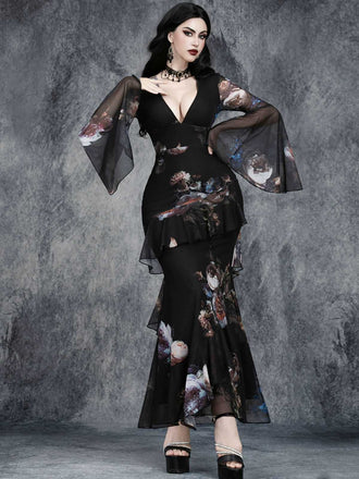 Black 1930s Floral Bell Sleeve Deep V-Neck Fishtail Dress