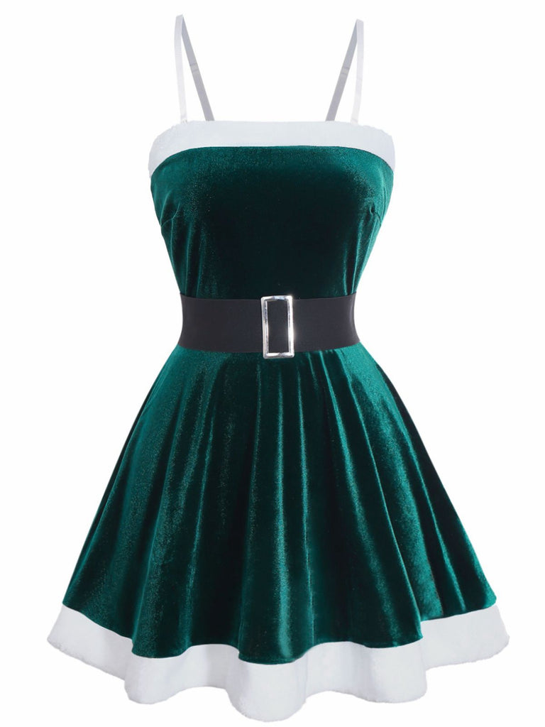 1970s Christmas Velvet Plush Spaghetti Strap Mini Dress