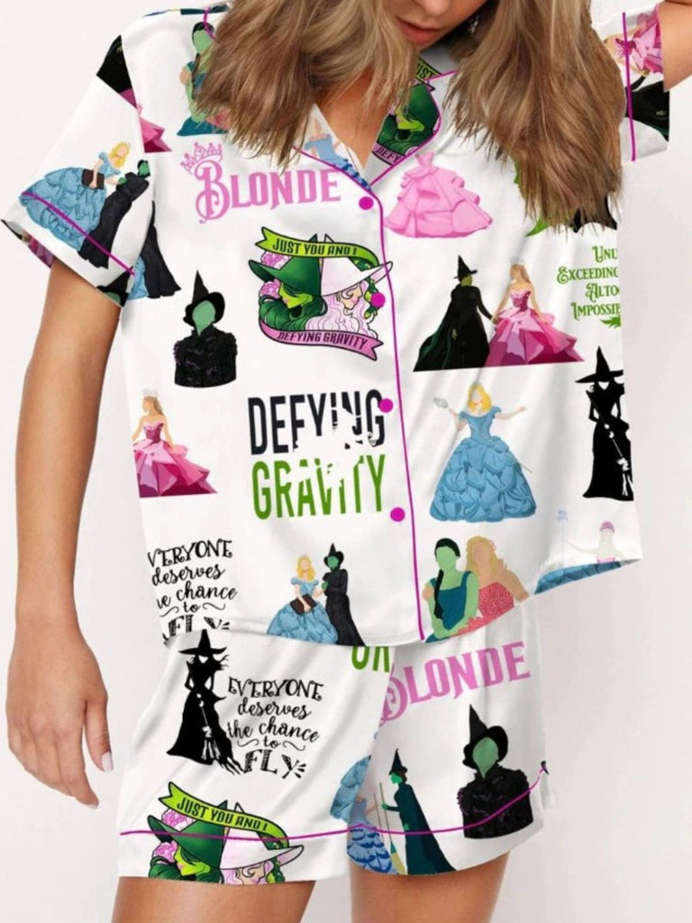 2PCS 1940s Witch Cartoon Print Button Pajama Set