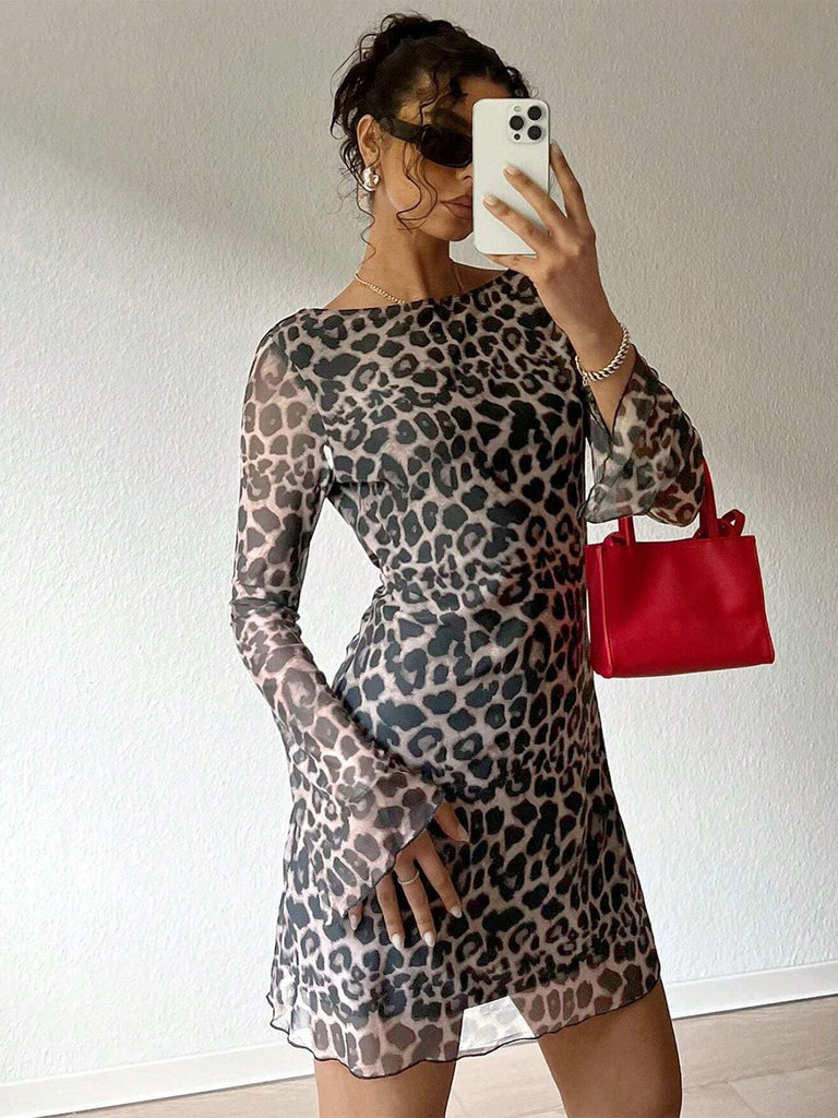 1980s Leopard Sheer Long-Sleeve Backless Dress