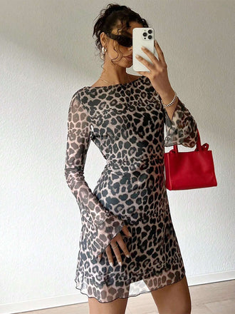 1980s Leopard Sheer Long-Sleeve Backless Dress
