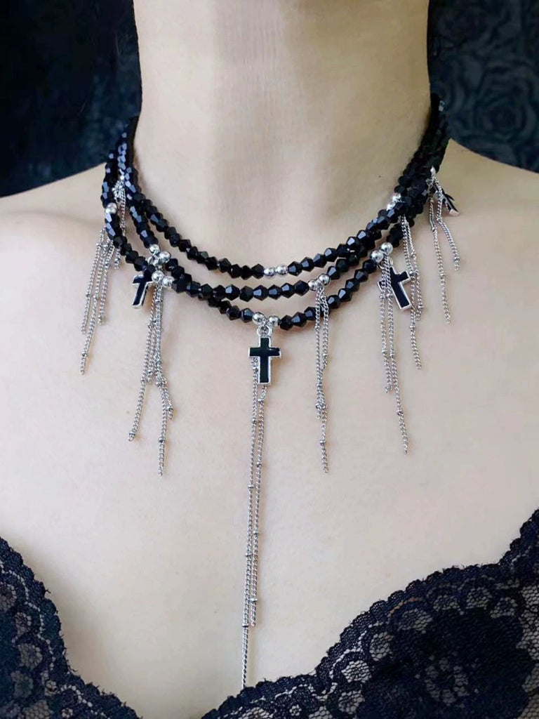 Gothic Fringe Cross Charms Layered Bead Necklace