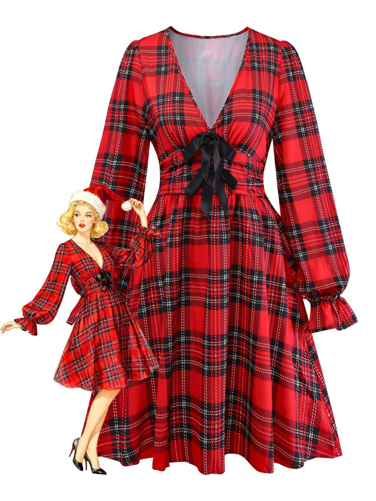 Red 1950s Plaid Bow Deep-V Long Sleeves Dress