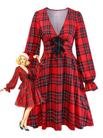 Red 1950s Plaid Bow Deep-V Long Sleeves Dress