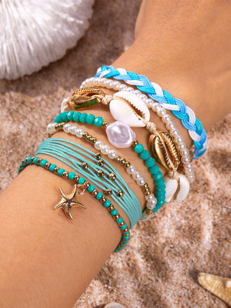 7PCS Blue Shell Beaded Braided Layered Bracelet Set