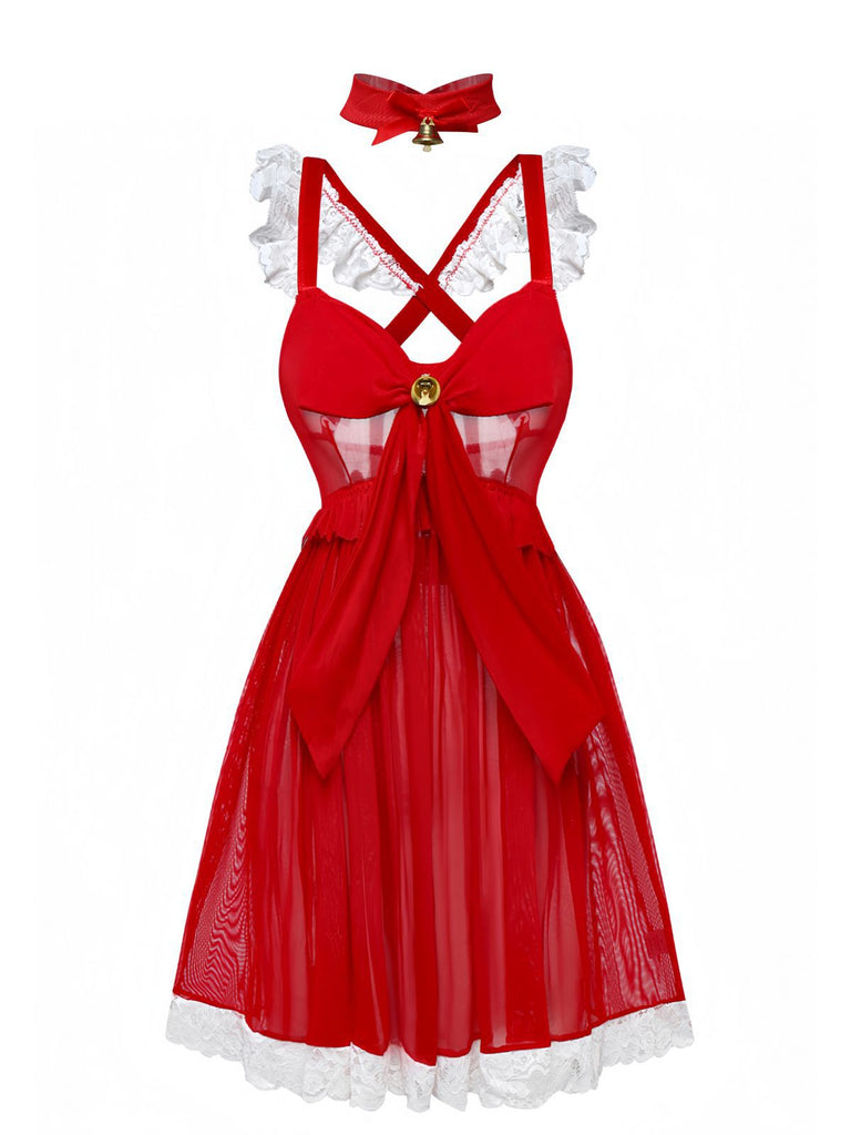 Red 1950s Ruffle Strap Lace Sheer Nightdress