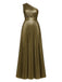Gold 1980s Metallic One-Shoulder Pleated Party Dress