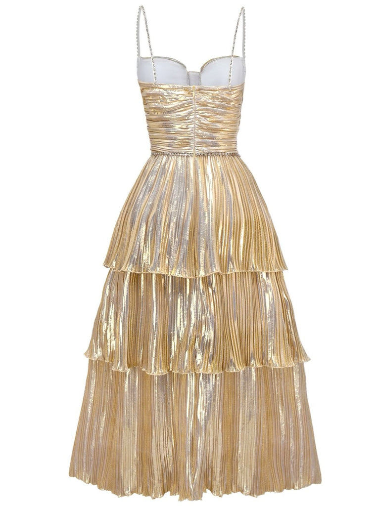 Gold 1930s Metallic Tiered Spaghetti Strap Dress