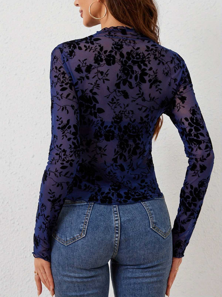1970s Flocked Floral Mesh Half Turtleneck Slim Top