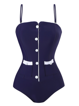 Dark Blue 1940s Button Spaghetti Strap One-piece Swimsuit