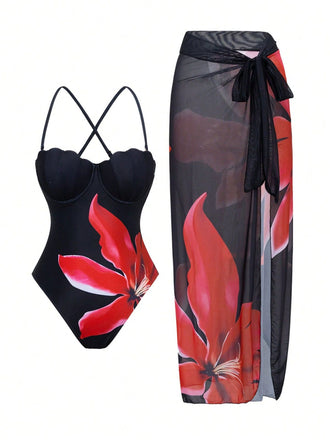 2PCS Black 1950s Floral Swimsuit & Cover-Up