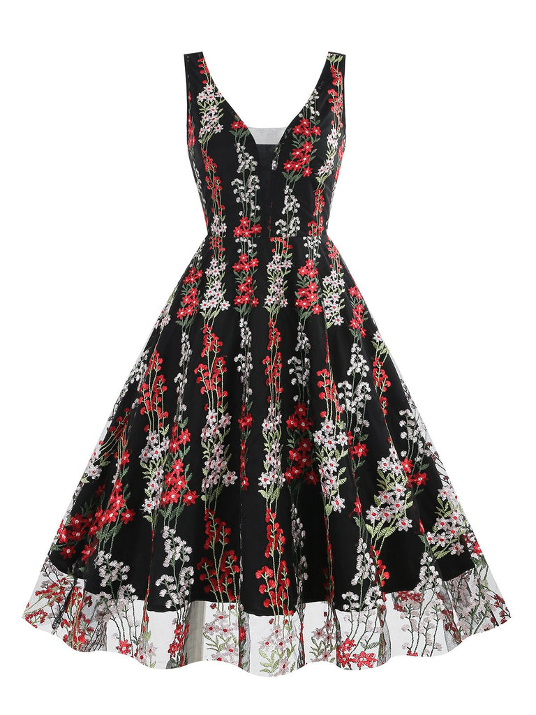 1950s Embroidered Floral V-Neck Swing Dress – Retro Stage - Chic ...