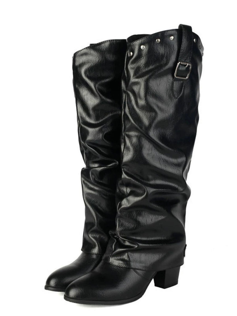 Vintage Studded Buckle Mid-Calf Boots