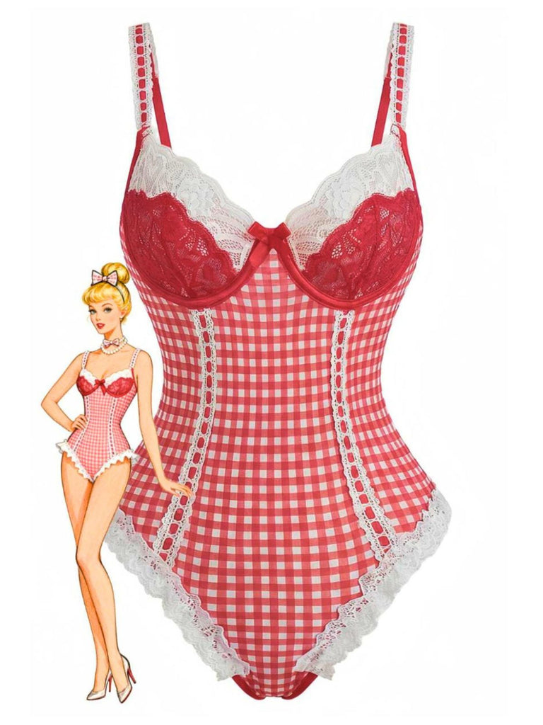 Red 1960s Gingham Lace Bow Bodysuit Lingerie