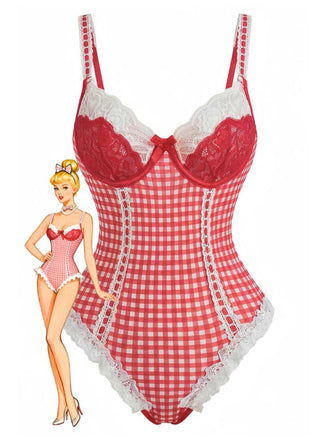 Red 1960s Gingham Lace Bow Bodysuit Lingerie