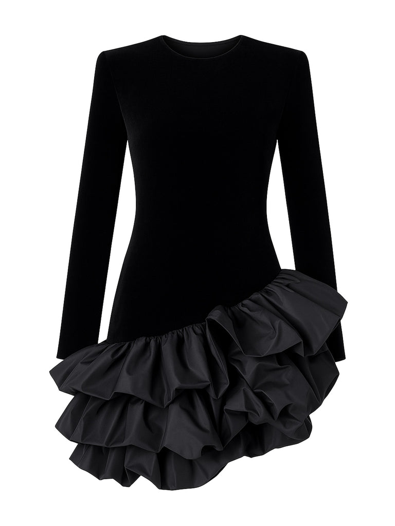 Black 1980s Asymmetric Layered Ruffle Hem Velvet Dress