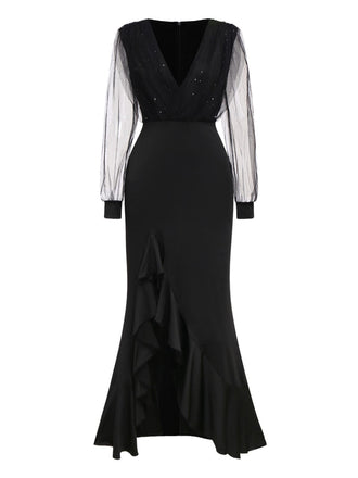 Black 1930s Solid V-Neck Sequined Irregular Hem Dress