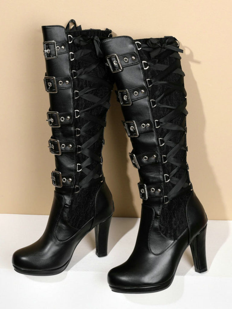 Vintage Punk Lace-Up Lace High Heel Boots