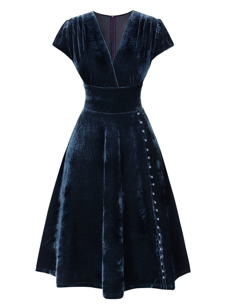 Red 1940s Deep V-Neck Pearl Velvet Dress