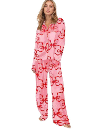 1980s Christmas Bow Print Lapel Pajama Set