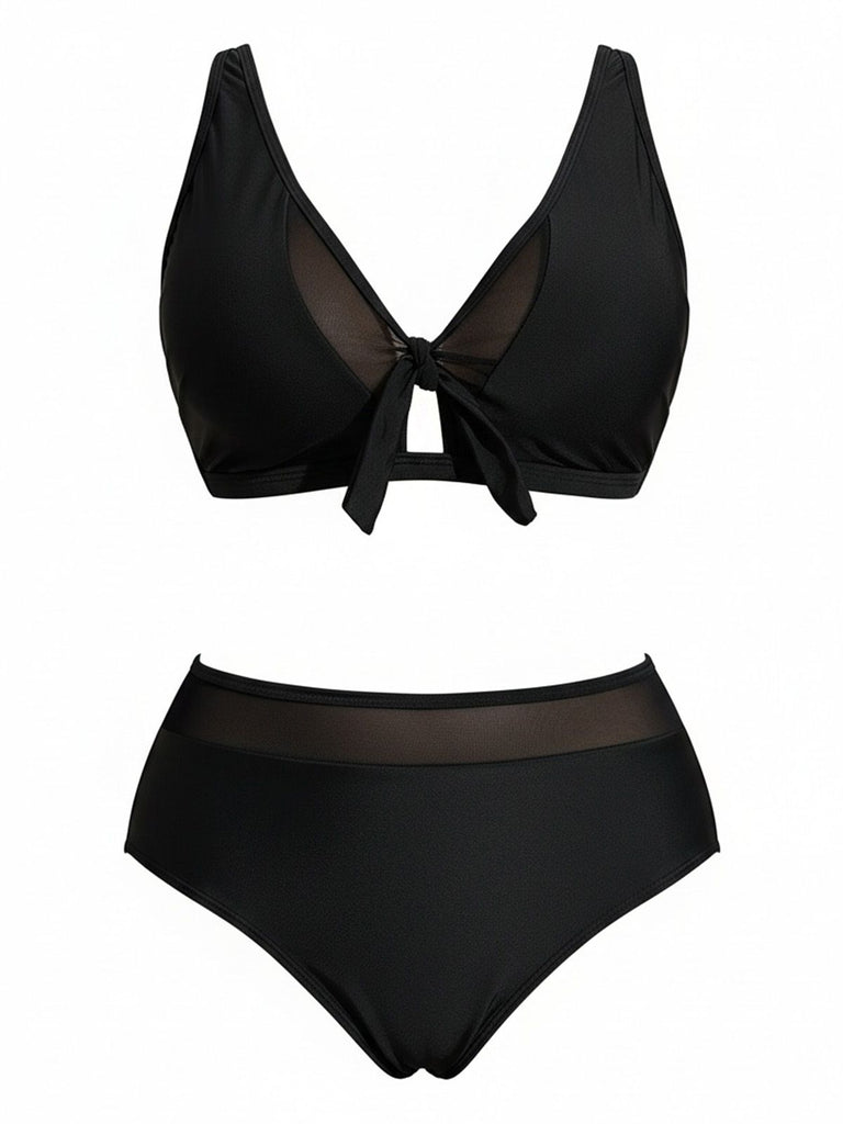[Plus Size] Black 1980s Solid Adjustable Straps Tie Detail Bikini Set
