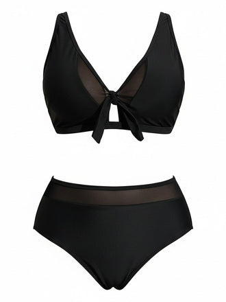 [Plus Size] Black 1980s Solid Adjustable Straps Tie Detail Bikini Set