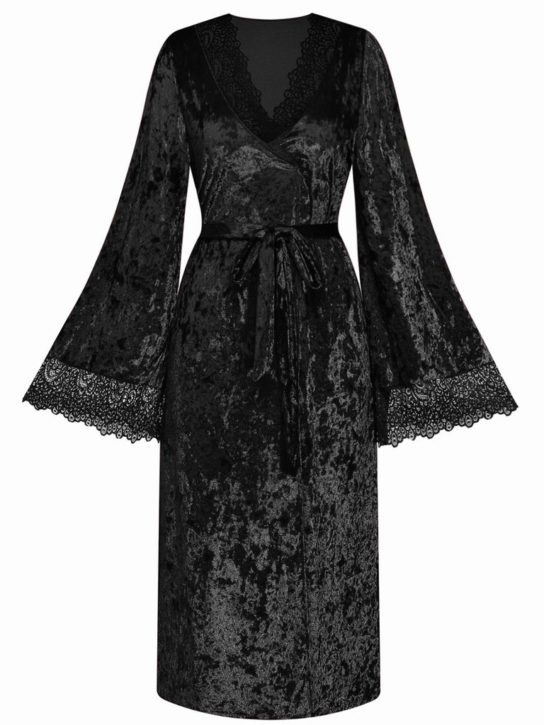 1930s Velvet Lace Long Sleeve Patchwork Pajama Robe