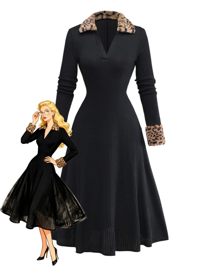 Black 1940s Leopard Faux Fur Trim Ribbed Knit Dress